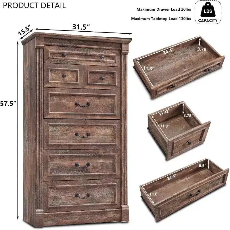 Commode de Ferme avec 7 Tiroirs, Armoire de Rangement Rustique en Bois avec Colonne pour Chambre à Coucher