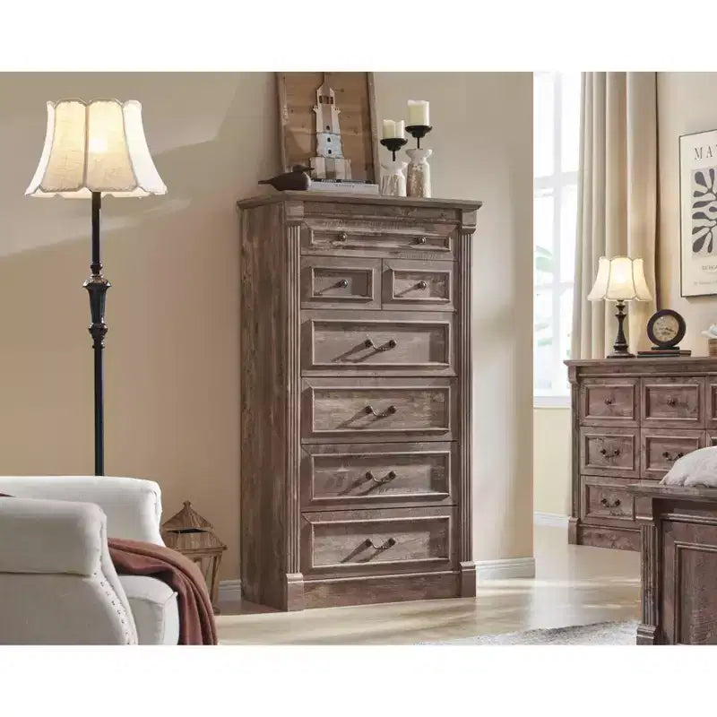 Commode de Ferme avec 7 Tiroirs, Armoire de Rangement Rustique en Bois avec Colonne pour Chambre à Coucher
