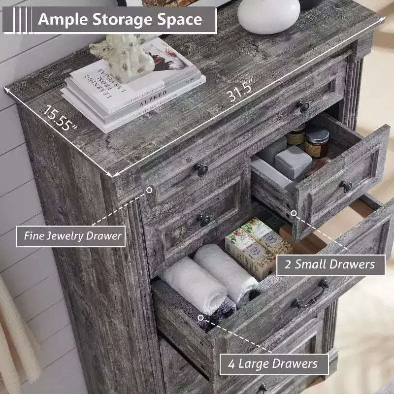 Commode de Ferme avec 7 Tiroirs, Armoire de Rangement Rustique en Bois avec Colonne pour Chambre à Coucher