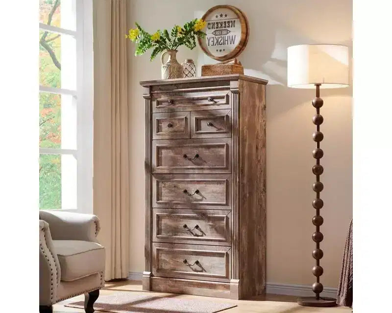 Mastgoal 57 Farmhouse Dresser with 7 Drawers, Rustic Wood Closet Storage with Roman Column for Bedroom