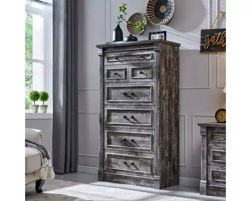 Commode de Ferme avec 7 Tiroirs, Armoire de Rangement Rustique en Bois avec Colonne pour Chambre à Coucher