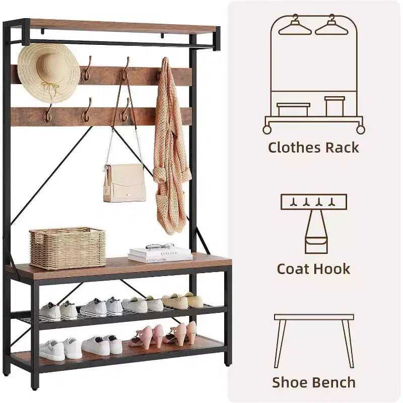 Porte-manteau avec porte-chaussures et banc, Meuble d'entrée avec banc de rangement et 8 crochets, Grand porte-manteau avec banc à chaussures pour couloir, salon, chambre à coucher