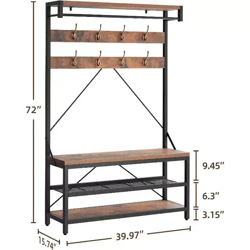 Porte-manteau avec porte-chaussures et banc, Meuble d'entrée avec banc de rangement et 8 crochets, Grand porte-manteau avec banc à chaussures pour couloir, salon, chambre à coucher