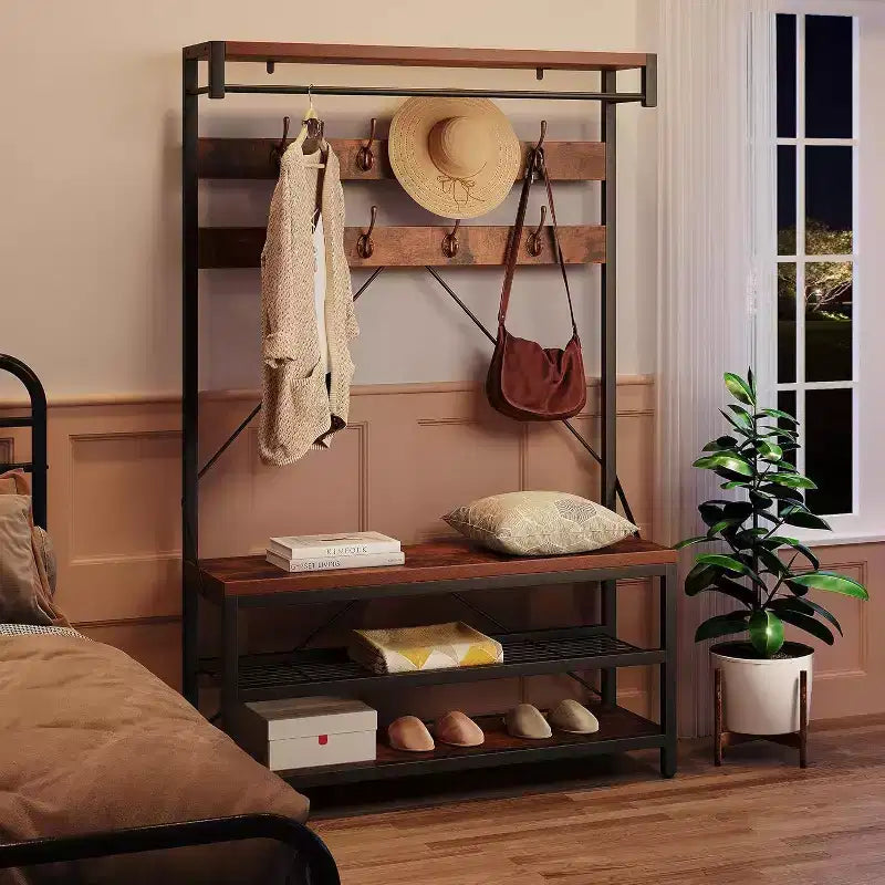 Porte-manteau avec porte-chaussures et banc, Meuble d'entrée avec banc de rangement et 8 crochets, Grand porte-manteau avec banc à chaussures pour couloir, salon, chambre à coucher