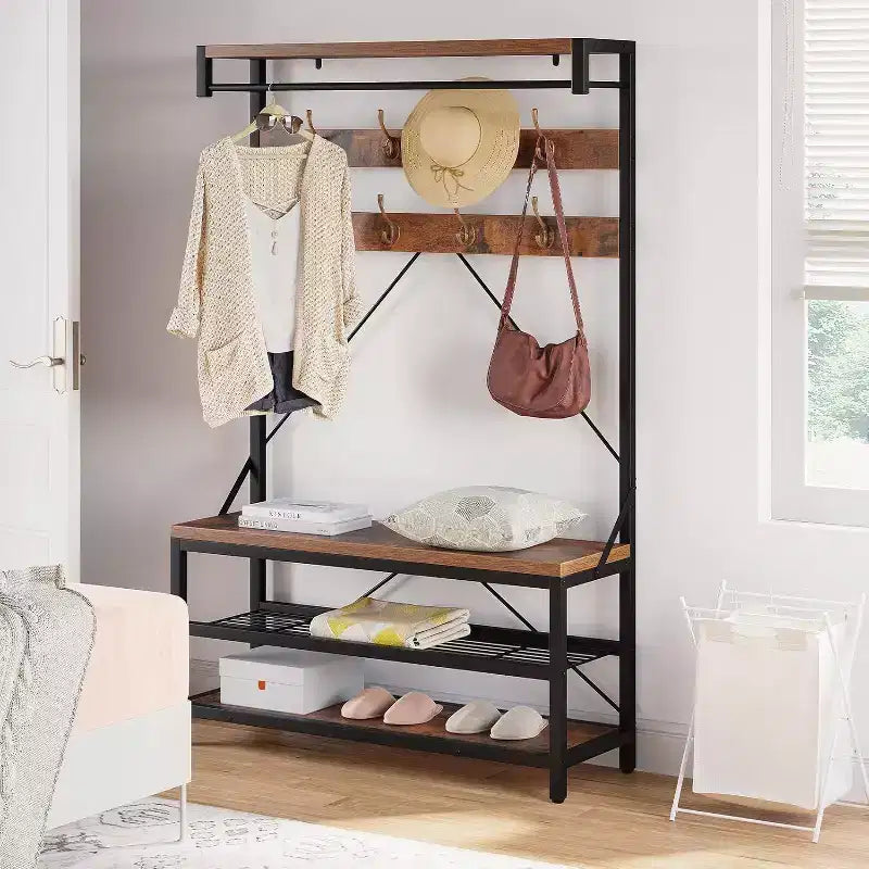 Porte-manteau avec porte-chaussures et banc, Meuble d'entrée avec banc de rangement et 8 crochets, Grand porte-manteau avec banc à chaussures pour couloir, salon, chambre à coucher