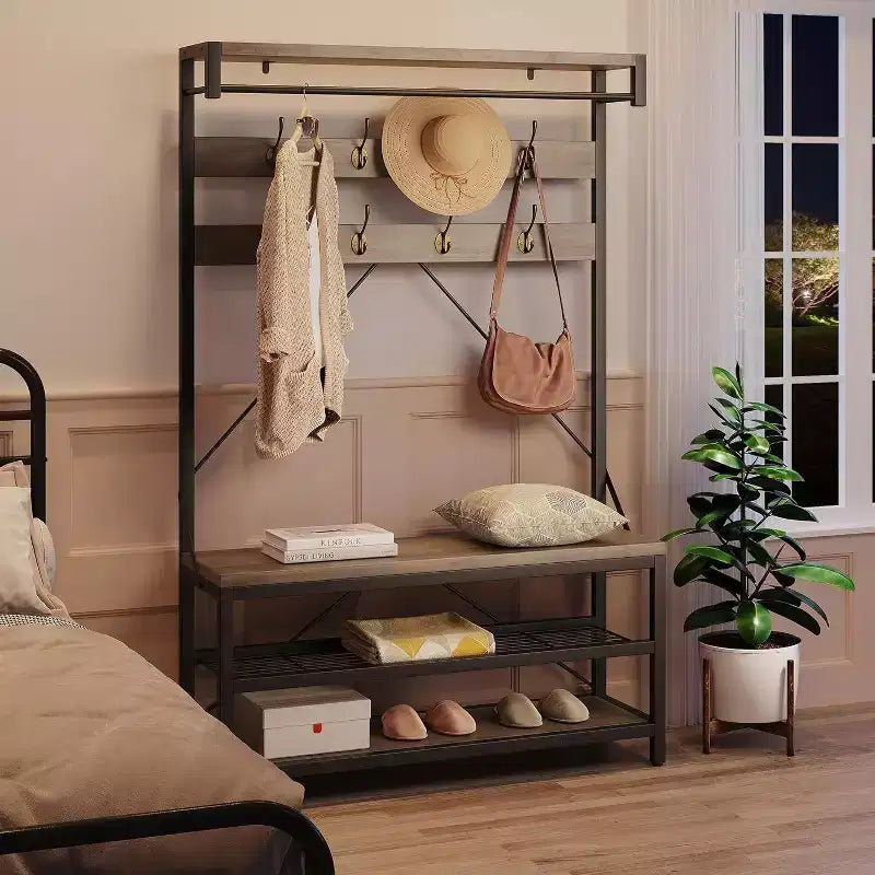 Porte-manteau avec porte-chaussures et banc, Meuble d'entrée avec banc de rangement et 8 crochets, Grand porte-manteau avec banc à chaussures pour couloir, salon, chambre à coucher
