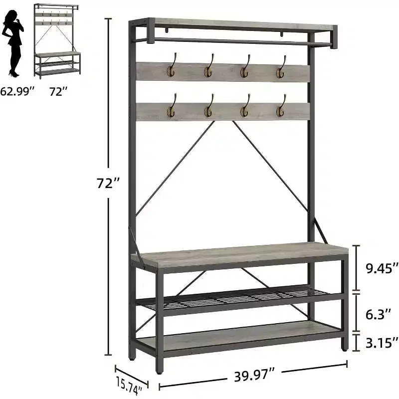 Porte-manteau avec porte-chaussures et banc, Meuble d'entrée avec banc de rangement et 8 crochets, Grand porte-manteau avec banc à chaussures pour couloir, salon, chambre à coucher