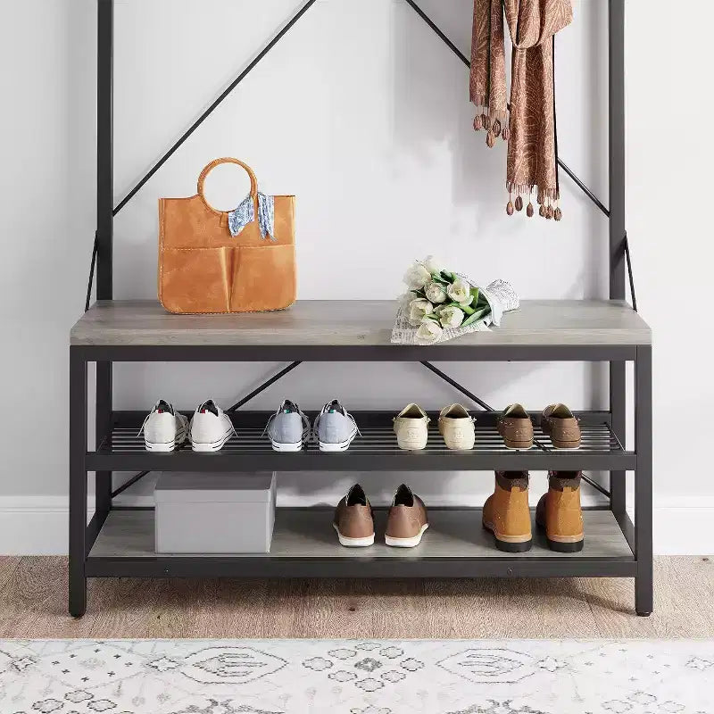 Porte-manteau avec porte-chaussures et banc, Meuble d'entrée avec banc de rangement et 8 crochets, Grand porte-manteau avec banc à chaussures pour couloir, salon, chambre à coucher