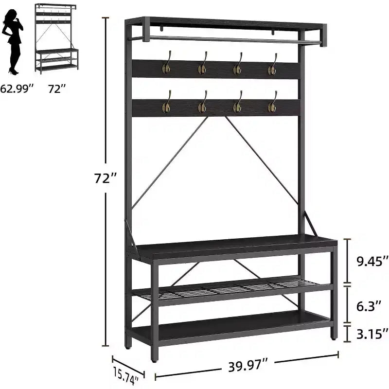 Porte-manteau avec porte-chaussures et banc, Meuble d'entrée avec banc de rangement et 8 crochets, Grand porte-manteau avec banc à chaussures pour couloir, salon, chambre à coucher