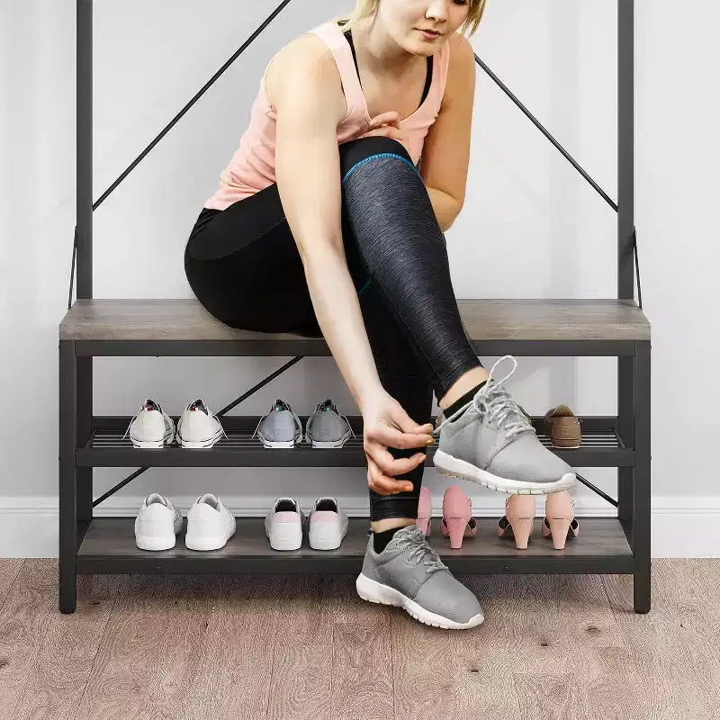 Porte-manteau avec porte-chaussures et banc, Meuble d'entrée avec banc de rangement et 8 crochets, Grand porte-manteau avec banc à chaussures pour couloir, salon, chambre à coucher