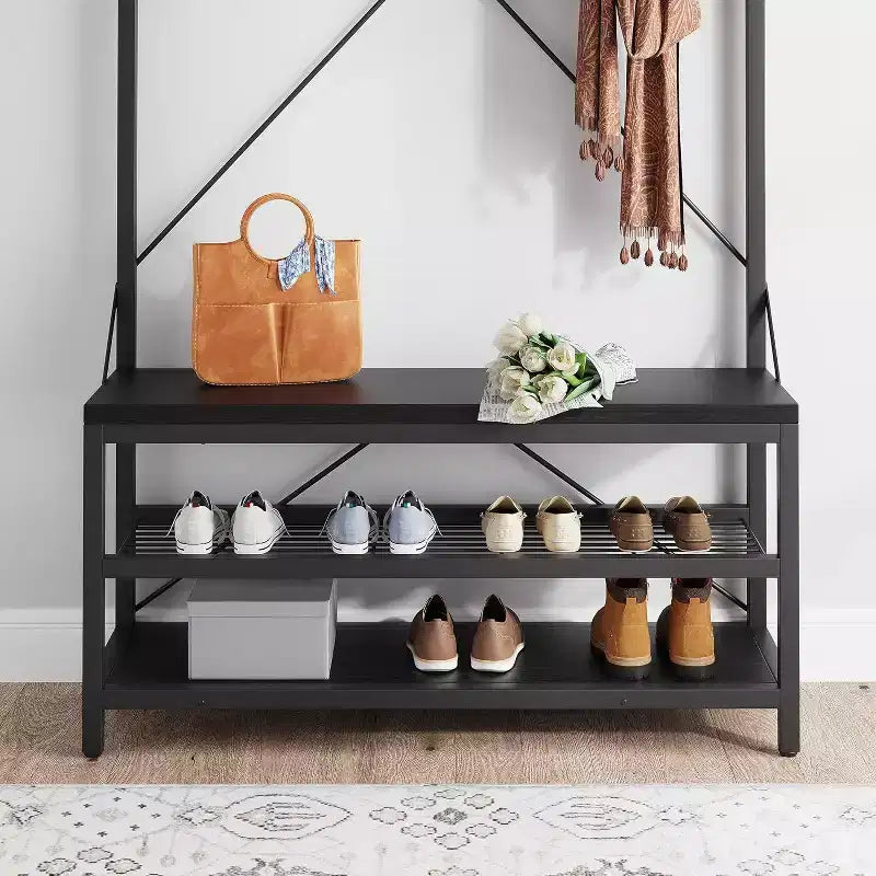 Porte-manteau avec porte-chaussures et banc, Meuble d'entrée avec banc de rangement et 8 crochets, Grand porte-manteau avec banc à chaussures pour couloir, salon, chambre à coucher