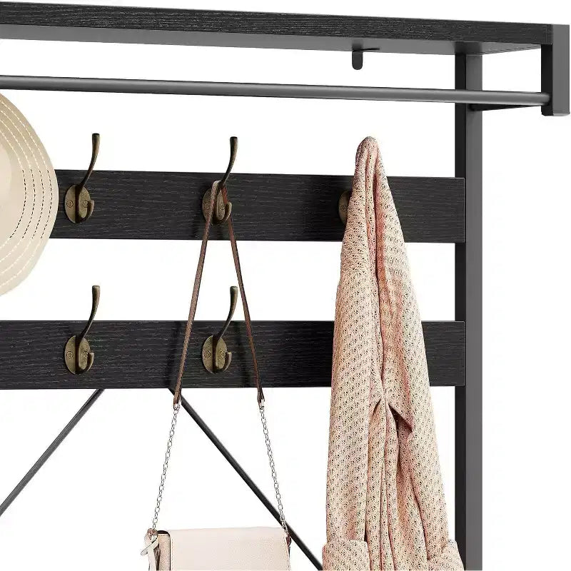 Porte-manteau avec porte-chaussures et banc, Meuble d'entrée avec banc de rangement et 8 crochets, Grand porte-manteau avec banc à chaussures pour couloir, salon, chambre à coucher