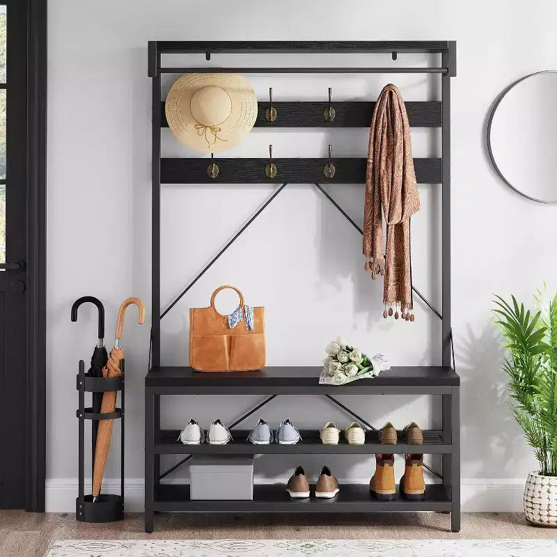 Porte-manteau avec porte-chaussures et banc, Meuble d'entrée avec banc de rangement et 8 crochets, Grand porte-manteau avec banc à chaussures pour couloir, salon, chambre à coucher
