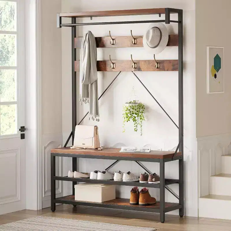 Porte-manteau avec porte-chaussures et banc, Meuble d'entrée avec banc de rangement et 8 crochets, Grand porte-manteau avec banc à chaussures pour couloir, salon, chambre à coucher