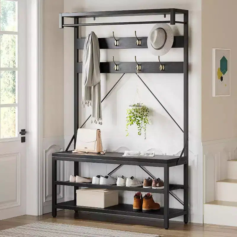 Coat Rack with Shoe Rack &amp; Bench, Hall Tree Storage Bench with 8 Hooks, Large Coat Rack with Shoe Bench for Hallway, Living Room, Bedroom