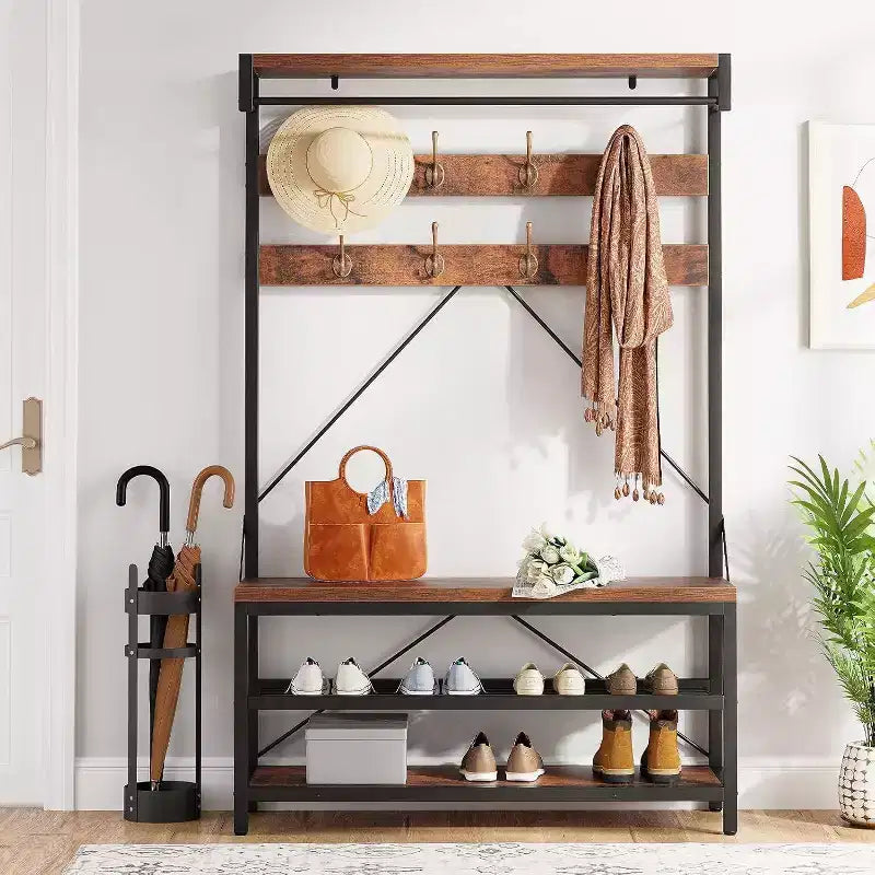 Porte-manteau avec porte-chaussures et banc, Meuble d'entrée avec banc de rangement et 8 crochets, Grand porte-manteau avec banc à chaussures pour couloir, salon, chambre à coucher