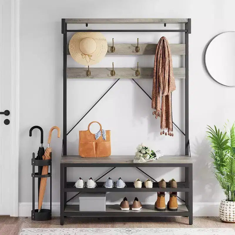 Porte-manteau avec porte-chaussures et banc, Meuble d'entrée avec banc de rangement et 8 crochets, Grand porte-manteau avec banc à chaussures pour couloir, salon, chambre à coucher