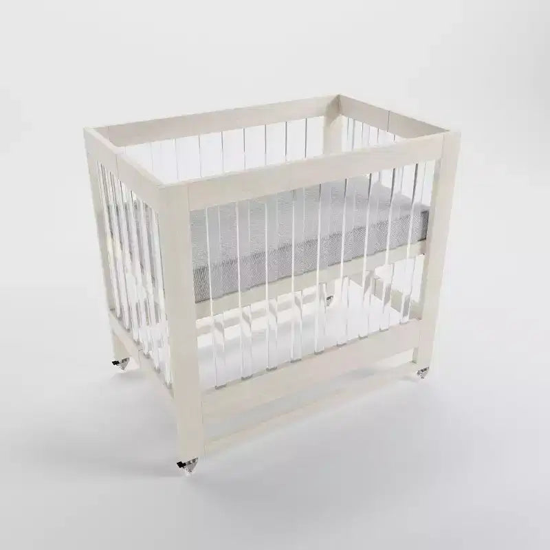 Lit parapluie pliable, cadre moderne en acrylique avec 4 niveaux de hauteur, roues lisses et design de pliage facile, blanc délavé
