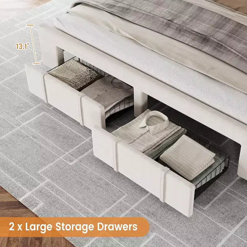 Cadre de lit plateforme beige rembourré avec tiroirs de rangement, support à lattes en bois, pas besoin de sommier tapissier, montage facile