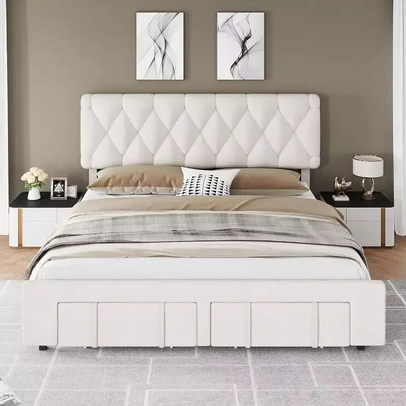 Cadre de lit plateforme beige rembourré avec tiroirs de rangement, support à lattes en bois, pas besoin de sommier tapissier, montage facile
