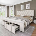 DobleePy Size Beige Upholstered Platform Bed Frame with Storage Drawers, Wooden Slats Support, No Box Spring Needed, Easy Assembly