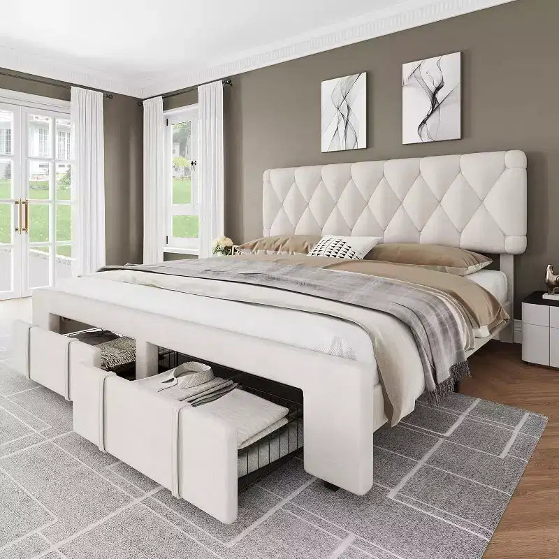 DobleePy Size Beige Upholstered Platform Bed Frame with Storage Drawers, Wooden Slats Support, No Box Spring Needed, Easy Assembly