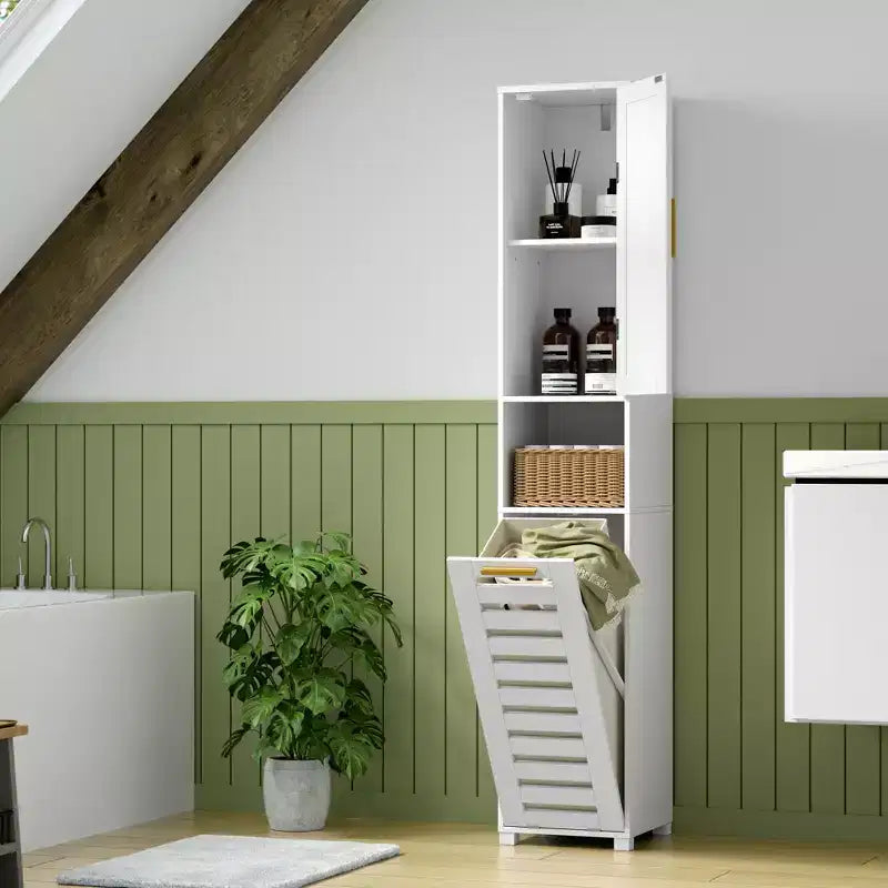 VECELO Tall Bathroom Cabinet With Mirror &amp; Door, Tilt Out Laundry Hamper Cabinet with Removable Laundry Basket, White