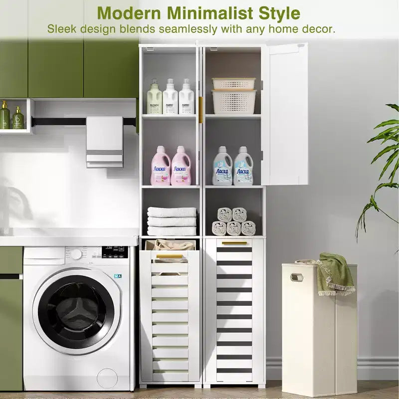 Meuble de salle de bain haut avec miroir et porte, meuble de panier à linge basculant avec panier à linge amovible, blanc