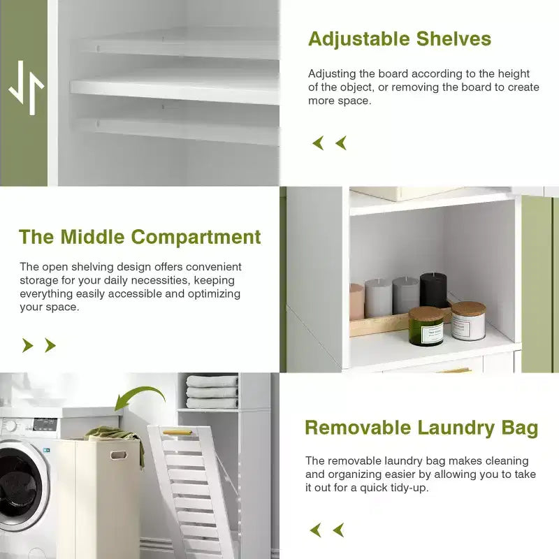 Meuble de salle de bain haut avec miroir et porte, meuble de panier à linge basculant avec panier à linge amovible, blanc