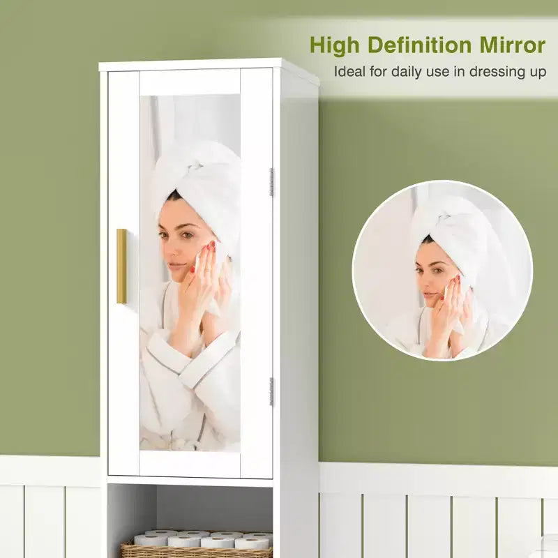 Meuble de salle de bain haut avec miroir et porte, meuble de panier à linge basculant avec panier à linge amovible, blanc