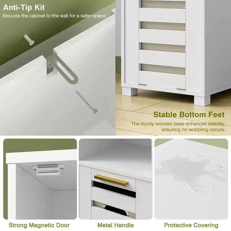 Meuble de salle de bain haut avec miroir et porte, meuble de panier à linge basculant avec panier à linge amovible, blanc