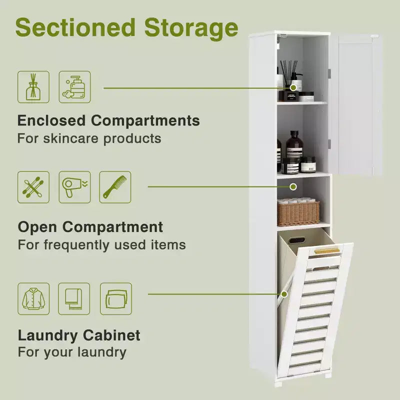 Meuble de salle de bain haut avec miroir et porte, meuble de panier à linge basculant avec panier à linge amovible, blanc