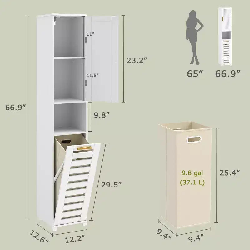 Meuble de salle de bain haut avec miroir et porte, meuble de panier à linge basculant avec panier à linge amovible, blanc