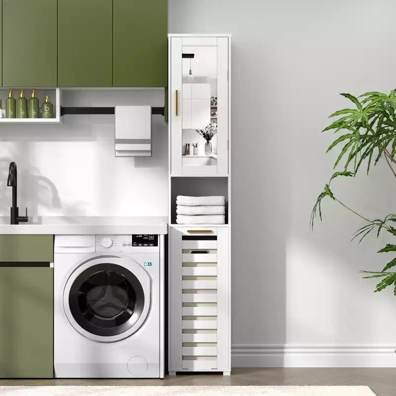 Meuble de salle de bain haut avec miroir et porte, meuble de panier à linge basculant avec panier à linge amovible, blanc