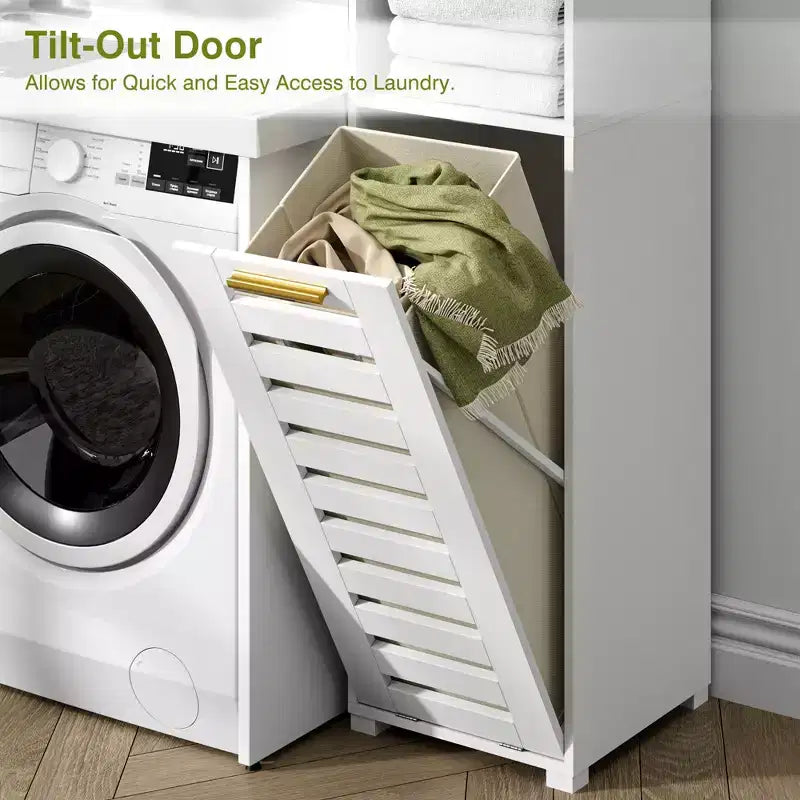 Meuble de salle de bain haut avec miroir et porte, meuble de panier à linge basculant avec panier à linge amovible, blanc