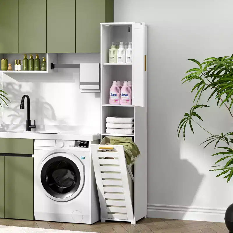 Meuble de salle de bain haut avec miroir et porte, meuble de panier à linge basculant avec panier à linge amovible, blanc