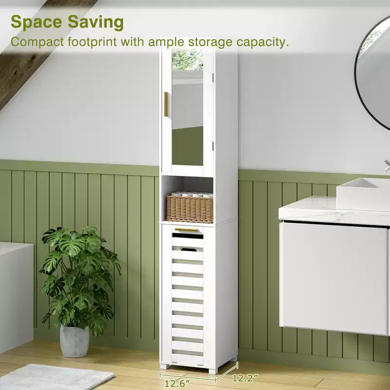 Meuble de salle de bain haut avec miroir et porte, meuble de panier à linge basculant avec panier à linge amovible, blanc