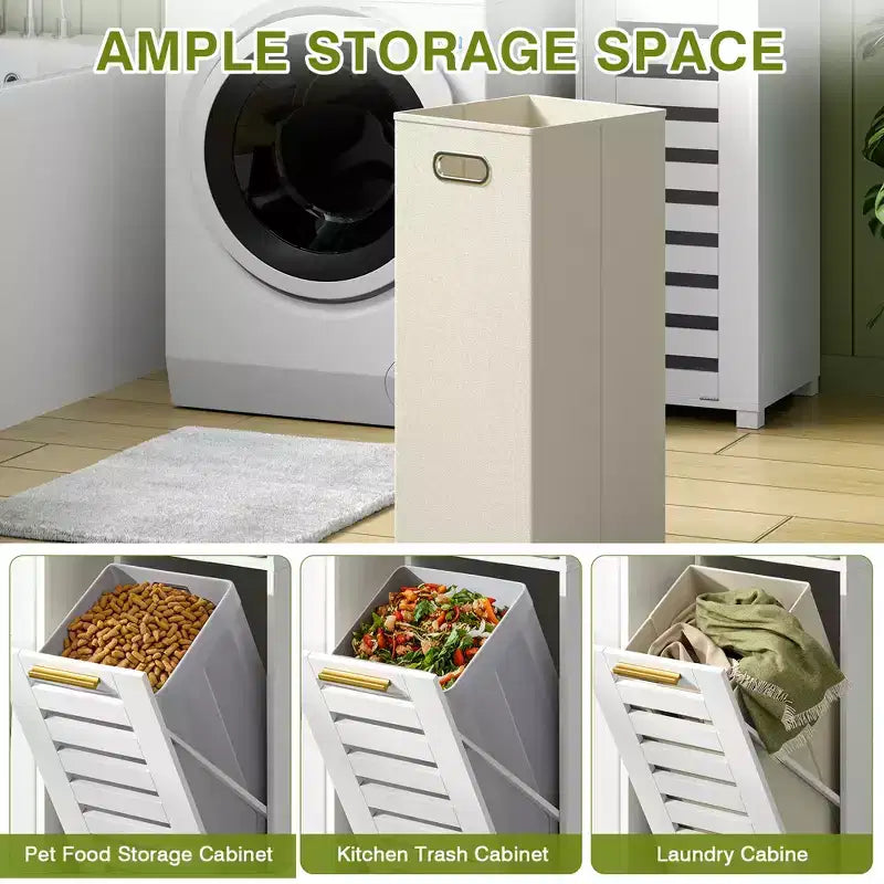 Meuble de salle de bain haut avec miroir et porte, meuble de panier à linge basculant avec panier à linge amovible, blanc