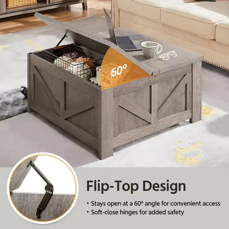 Table basse relevable en bois avec rangements cachés pour salon