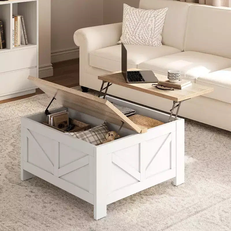 Table basse relevable en bois avec rangements cachés pour salon