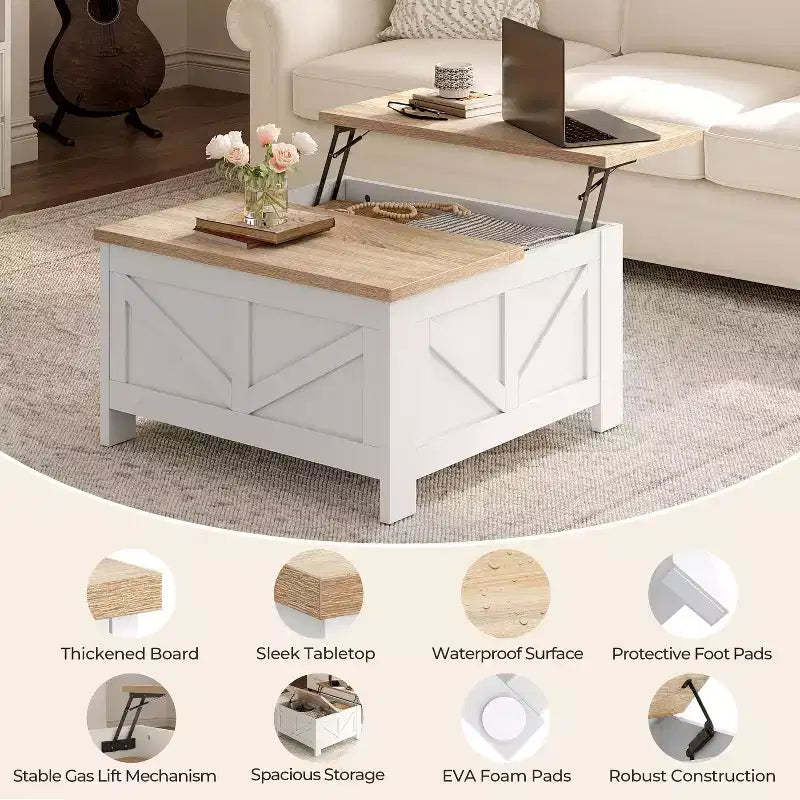Table basse relevable en bois avec rangements cachés pour salon