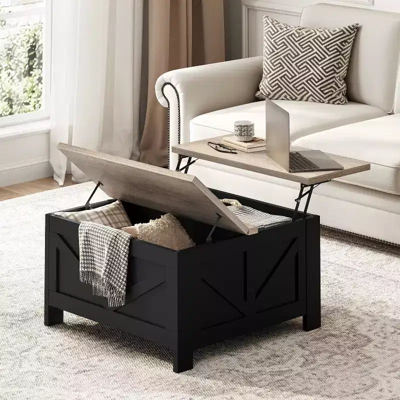 Table basse relevable en bois avec rangements cachés pour salon
