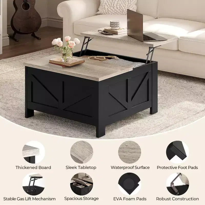 Table basse relevable en bois avec rangements cachés pour salon