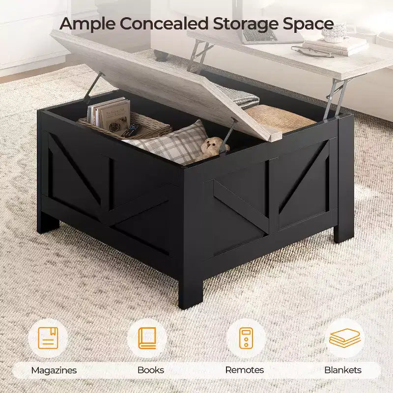 Table basse relevable en bois avec rangements cachés pour salon