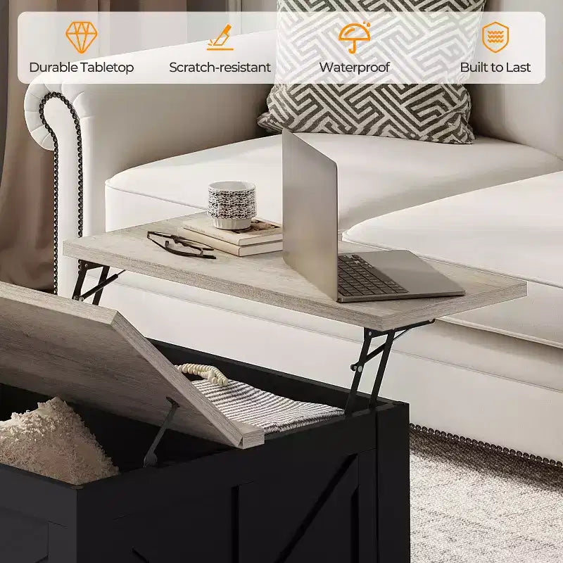 Table basse relevable en bois avec rangements cachés pour salon