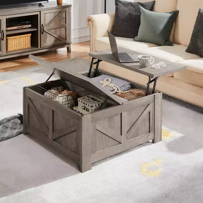 Table basse relevable en bois avec rangements cachés pour salon