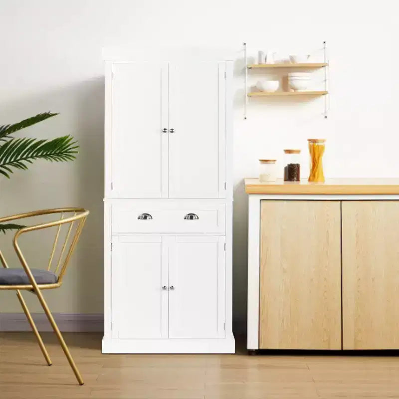 Armoires de rangement blanches de 72 pouces avec tiroirs, garde-manger autoportants avec portes et étagères réglables, armoire de garde-manger de cuisine de style ferme