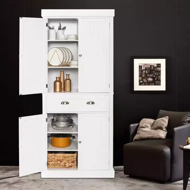 Armoires de rangement blanches de 72 pouces avec tiroirs, garde-manger autoportants avec portes et étagères réglables, armoire de garde-manger de cuisine de style ferme
