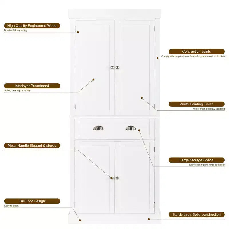 Armoires de rangement blanches de 72 pouces avec tiroirs, garde-manger autoportants avec portes et étagères réglables, armoire de garde-manger de cuisine de style ferme