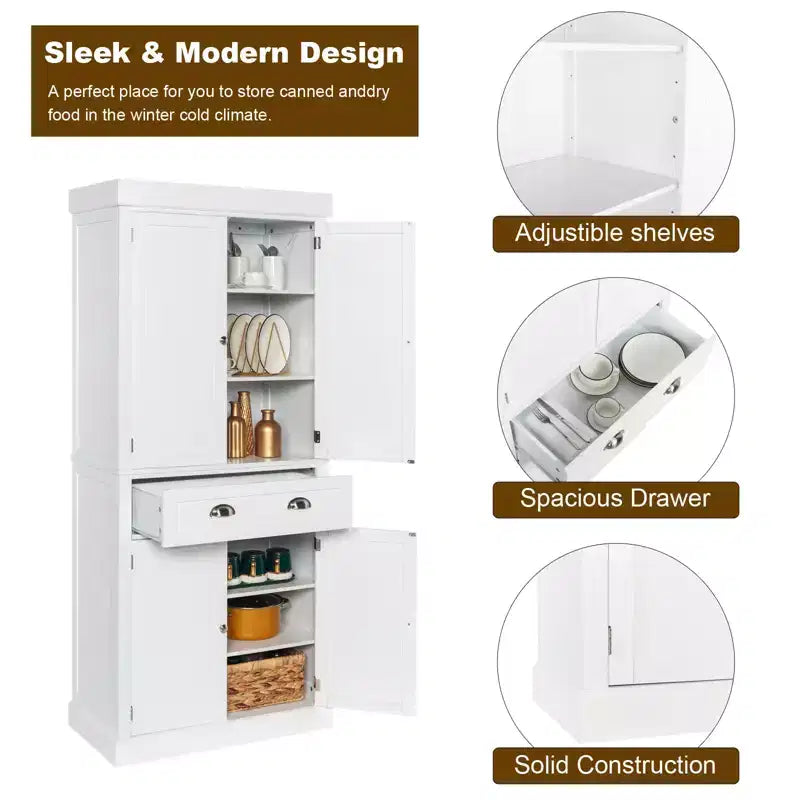 Armoires de rangement blanches de 72 pouces avec tiroirs, garde-manger autoportants avec portes et étagères réglables, armoire de garde-manger de cuisine de style ferme